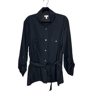 Garnet Hill Jacket Womens L Black Belted Cargo Roll Up Sleeve Snap Garment Wash